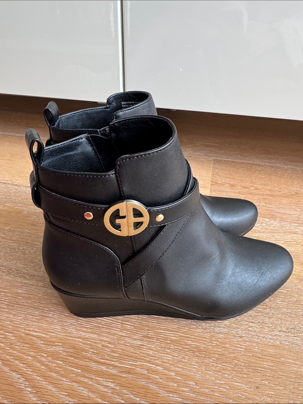 Giani Bernini Cherie Black Ankle Boots with Gold Logo